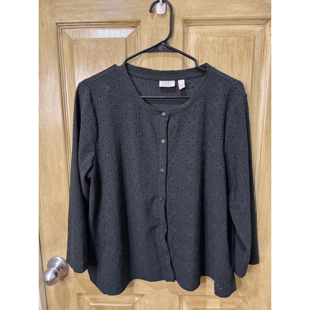 LOGO by Lori Goldstein Black Eyelet Embroidered Button Front Cardigan Large